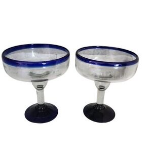 Set of 2 Margarita Glasses Blue Rimmed Stemware Hand Blown Glass